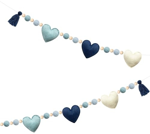 Dusty Blue Heart Decoration Handmade Pre-Strung Felt Heart Banner Wool Felt Ball Wooden Bead Garland Streamer for Birthday Anniversary Valentines Day Fireplace Home Decor