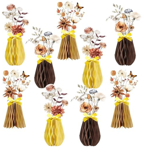 Easy Joy 9PCS Flower Honeycomb Table centrepieces Decorations Fall Wildflower Centerpieces Brown Yellow Paper Table Decorations for Floral Garden Baby Shower Autumn Thanksgiving Harvest Festival Decor