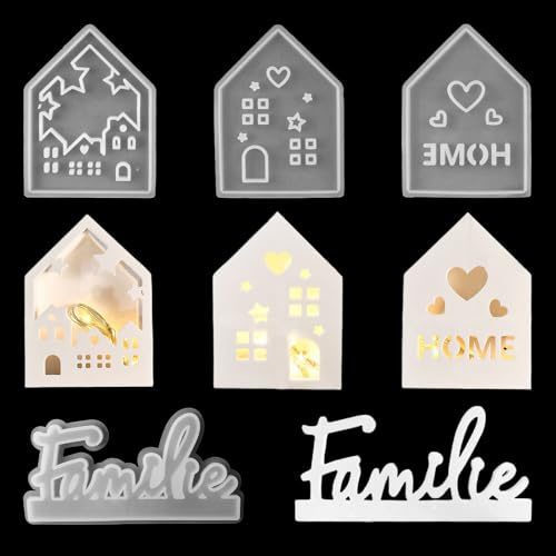 4 Stück Silikonformen Gießformen Häuser und Weihnachten Brief Familie, 3D Silikonform Haus, Gießform Haus mit Fenster, Gießformen Silikon Häuser Kerzenhalter für Kerzen Seife Gips Handwerk