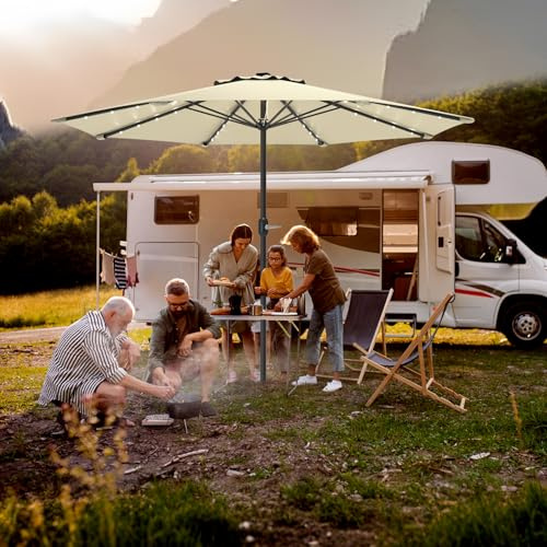 Strandschirm mit LED Solar,3.5M Sonnenschirm,Marktschirm mit Kurbel,Sonnenschutz,Wasserdicht,UPF 50+,Gartenschirm,Terrassenschirm,Balkonschirm,Kurbelschirm für Terrasse,Balkon,Pool,Ohne Ständer,Weiß
