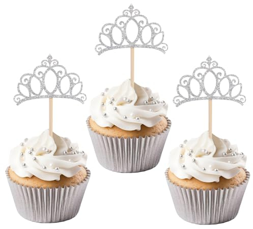 24pz Decorazioni per Cupcake a Forma di Corona, Decorazioni Torte a Tema Principessa e Regina Delle Nevi con Glitter Argento per Feste di Compleanno Baby Shower Matrimoni e Altre Occasioni
