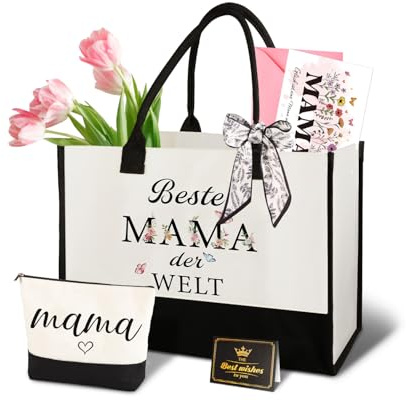Giftota Geschenke für Mama, Mama Geschenk – Muttertagsgeschenk Canvas Einkaufstasche & Kosmetiktasche, Grußkarte – Praktisches & Emotionales Geschenk für Mutter Geburtstag, Muttertag oder Weihnachten