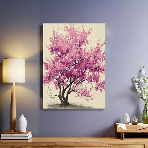 Rosa Leinwandbild 50 x 40 cm Aquarell Kirschblütenbaum Wanddeko Gerahmt Leinwanddruck Modernes Poster für Badezimmer Toilette Schlafzimmer