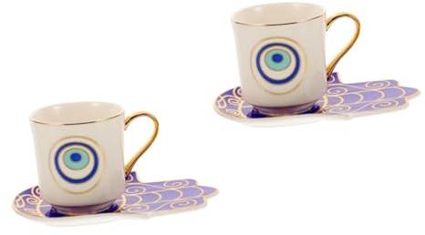 DOITOOL 2 Ensembles Tasse Café Céramique avec Motif Œil Protecteur Kit Vintage avec Soucoupe Résistant Haute Température pour Thé Cappuccino Boisson Lactée
