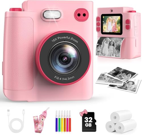 Mason & Friends Kids Instant Print Camera – 1080P HD Digital Camera for Boys & Girls Ages 3–10 | Photo, Video, Music & Games | Includes 32GB SD Card – Perfect Birthday (Pink)