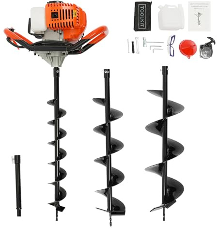 LUNICASHA Tarière à essence 52CC avec 3 forets (100/150/200 mm), 1,98 CV 2 temps, profondeur de perçage 180 cm, avec rallonge pour construction de clôture, jardin et fondations