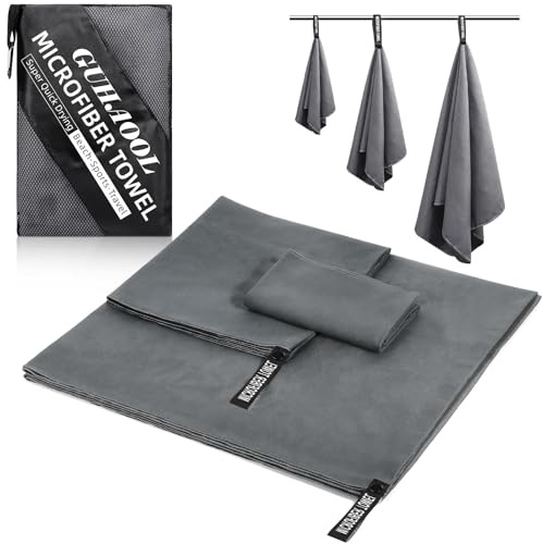 GUHAOOL Asciugamano Microfibra, Asciugamano in Microfibra 3 Set | 180x80cm&100x50cm&70x40cm,Telo Mare Microfibra,Asciugamani in Microfibra ad Asciugatura Rapida per Viaggi Spiaggia Yoga Sauna(Grigio)