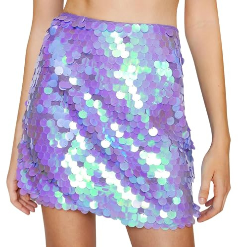 Pailletten Rock Damen Glitzer Rock Damen Bauchtanz Kostüm Elastische Taille A-Linie Sexy Faschingskostüme Hüftrock für Karneval Meerjungfrau Party Cocktail Kleid Performance Kostüm