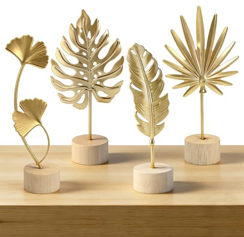 4 Forma di Foglia in Metallo Dorato Soprammobili Moderni con Foglie Ginkgo | Piuma Monstera Banano Soprammobili Design per Salotto Ingresso Ufficio Decorazioni Casa Regalo Compleanno Trasloco Natale