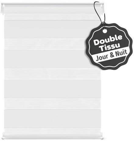 Store Jour Nuit sans Perçage – Store Enrouleur Fenêtre PVC sans Percer – Rideau Store Occultant Tamisant Double Tissu – Store Intérieur sans Percer pour Fenêtre ou Porte – 100 x 130 cm – Blanc