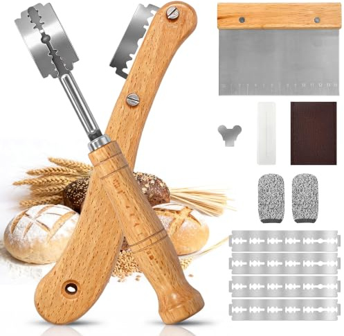 TopEsct Bäckermesser 3er Set Teigmesser Brot Einschneidemesser mit 20 Klingen – Sauerteig Messer Teigritzer für Gerade und Geschwungene Schnitte – Edelstahl Brotklinge mit Rutschfestem Holzgriff