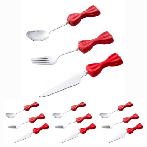 Set di Posate in Acciaio Inox e Ceramica con Papillon, Composto da Coltello, forchetta, Cucchiaio e cucchiaino (Rosso, 12 Pezzi)