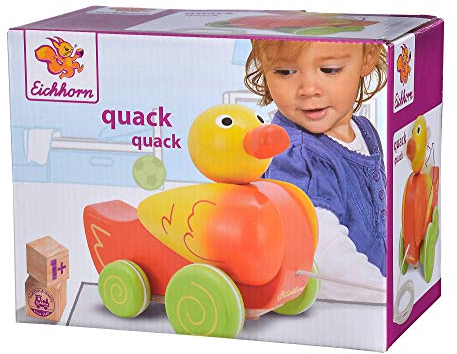 Eichhorn 100002423 - Nachziehtier Ente, Kopf und Flügel beweglich, mit Geräusch, 17 cm lang, Birkenholz