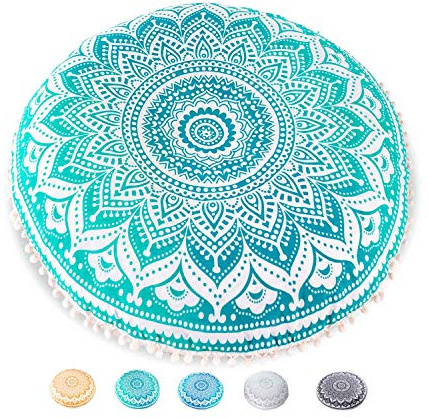 Mandala Life ART Funda de cojín de Suelo para decoración de Yoga, Funda de Almohada Redonda, puf de algodón orgánico Impreso a Mano