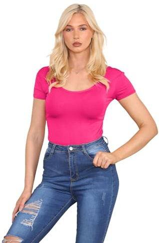 Hamishkane Bodysuits, rund hals trikå, kortärmad kroppsdräkt, stretch kroppsdräkt för kvinnor Storbritannien, doppad kroppsdräkt, t-shirt topp body passar kvinnor, Cerise, 16-18 Plus