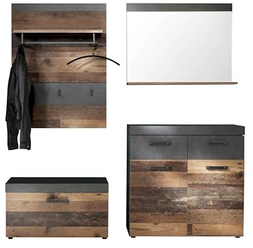 trendteam smart living - Indy - Garderobenkombination - Eiche/Grau - Garderobensitzbank, Garderobenpaneel, Garderobenschuhschrank, Spiegel - (BxHxT) 185 x 192 x 37 cm - antikfarbene Griffe | Garderobenmöbel-Kombination · Wandmontage · deckenhoch bis 192 cm · im Serienverbund