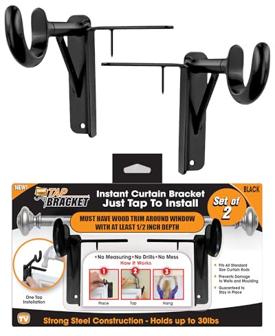 Spark Innovators Black Tap Bracket - Hang Curtains in 30 Seconds! No Drill Instant Curtain Rod Brackets - Fits 1.25, Holds 30 lbs, As Seen on TV, Set of 2