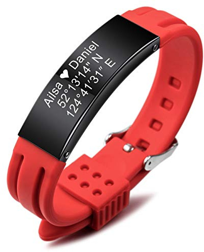 MeMeDIY Bracciale Personalizzato con Nome Incisione Personalizzata per Uomo Donna Gomma da Polso in Silicone Sport Identificazione Identificativa (Red Colore, Nero Tono Etichetta)