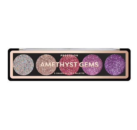 Profusion Cosmetics 5 Shade Glitter Eyeshadow Palette - Vibrant Pressed Pigments with Built-In Primer and Dazzling Shine for Long-Wearing Sparkle Makeup Looks (Amethyst Gems)