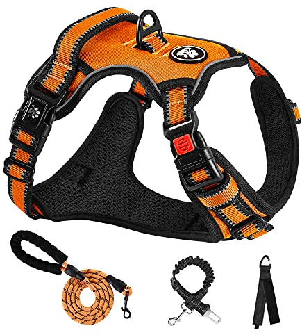 NESTROAD Hundegeschirr Mittelgroße Hunde Orange, Größe M Anti Zieh Geschirr für Hunde Mittel, Halsumfang 33~43CM Brustumfang 43~64CM, Hundesicherheitsgurt Sicherheitsgeschirr Hund Gepolstert