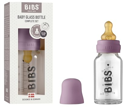 BIBS Baby Glass Bottle 110ml, Vermindert Koliken, Runder Sauger aus Naturkautschuklatex, Unterstützt das Stillen. Complete Set - 110 ml, Mauve