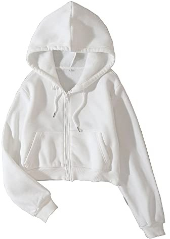 LOFAAC Felpa Corta da Donna in Pile con Zip Intera, Stile Anni '90, a Maniche Lunghe, con Coulisse, con Cappuccio, con Tasche, Bianco, Medium