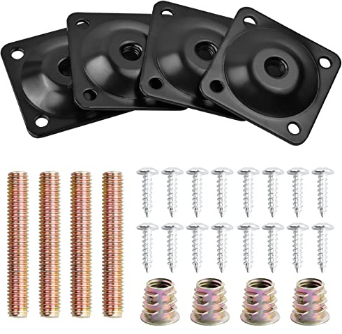 4 Set Metallo Piastre di Montaggio per Gamba de Mobili con Bulloni e Viti, M8 Piastre di Fissaggio per Piedini dei Mobili, Staffe Fissaggio per Gambe de Divano Sedia Armadio Tavolo Mobili (Black)