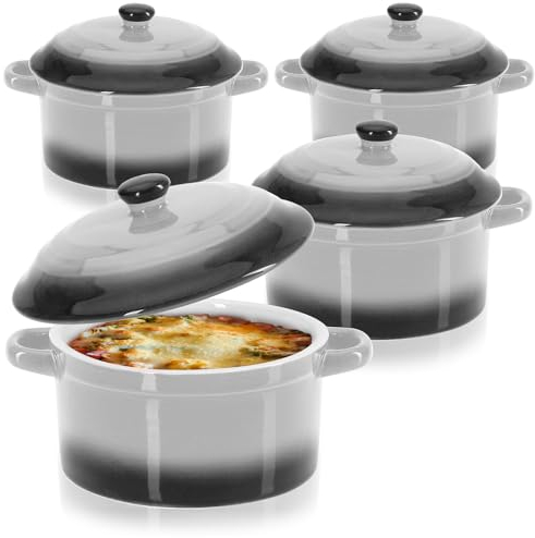 COM-FOUR® 4x Cacerola con Tapa de cerámica - Cuenco de Postre para crème brûlée - Mini cacerola para ragú y Carne sazonada - Gris, Aprox. 250/175 ml por plato (4 piezas - gris)