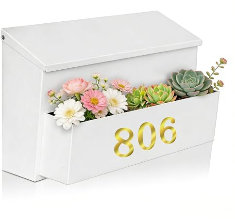 Ydocabinit Wall Mount Mailbox, Large Capacity for House, Outside, with 3 Sets of 0-9 Number Stickers & Flower Planter, Galvanized Steel Rust-Proof Metal Post Drop Box, 15.74×9.84×6.41 White