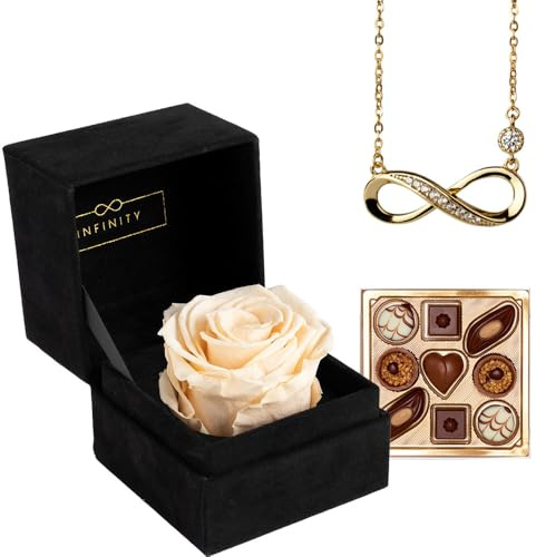 Infinity - Geschenk Set mit 1 Ewigen Rose und 925er Infinity Kette in Gold - (3 Jahre haltbare Rose mit 925er Silber Kette) - Als Geschenk verpackt