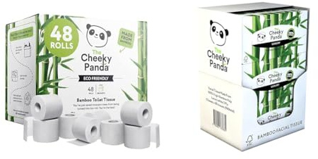The Cheeky Panda Bamboo Toilet Rolls Bulk Buy – 48 Rolls of 3 Ply Toilet Paper | Plastic Free Packaging & Bamboo Facial Tissues Box Multipack | 12 Boxes (960 Tissues)