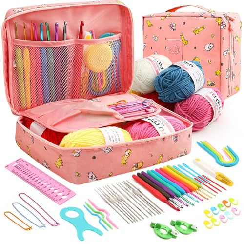 Crochet Kits for Beginners Adults,Crochet Hooks Set Includes Ergonomic Rubber & Metal Crochet Hooks, Knitting Accessories and Bag,UK Best Starter Beginners Crochet Kit and DIY Knitting Crochet-Pink