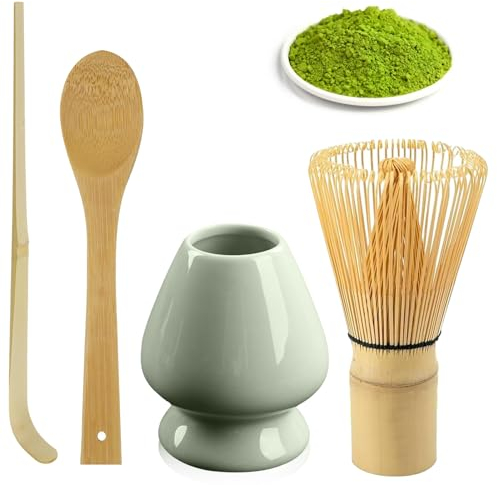 Juego de 4 batidores para Matcha de bambú de 80 cerdas con 2 cucharas, soporte para escoba verde, accesorios y portacepillos de té