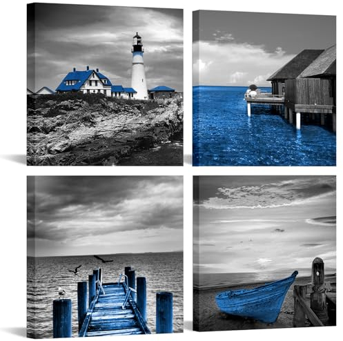 Artsbay Blauer Ozean, Wandkunst, Strand, Küste, Bild, Gemälde, Schwarz-Weiß, Leuchtturm, Leinwanddruck, Meereslandschaft, Kunstwerk für Sommer, Badezimmer, Wohnzimmer, Schlafzimmer, Büro, 30,5 x 30,5