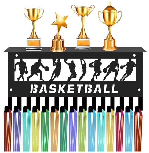CREATCABIN Colgador Medallas Baloncesto Estante Trofeos,Soporte Medallas,Estante Deportivo,Marco Montaje En Pared,Decoración Hierro,Colgadores Medallas Ganchos para Organizador Premios,Negro 30x13cm