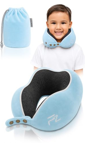 FLOWZOOM Nackenkissen für Kinder ab 3 Jahre - auch für Kinderautositze geeignet - einstellbares Memory Foam Nackenhörnchen mit weichem & waschbarem Bezug - inkl. Beutel - Blau, Größe S (ab 3 J.)