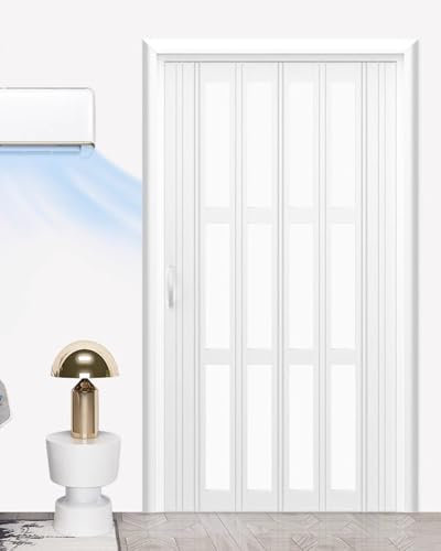 Porta a Soffietto da Interno Kit Porta Scorrevole Sistema Binario in Lega di Alluminio con Finestra Grigliata in Acrilico, Armadio Salvaspazio Bagno Porte a Soffietto Bianche, Divisorio Stanza(34x40in