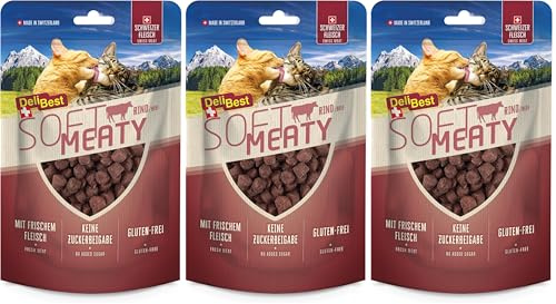 DeliBest Soft Meatys I Katzen Leckerlies aus Schweizer Rindfleisch getreidefrei I halbfeuchte Leckerlies leicht verdaulich I Katzen Snack ohne künstliche Zusatzstoffe I für Allergiker geeignet I 100g
