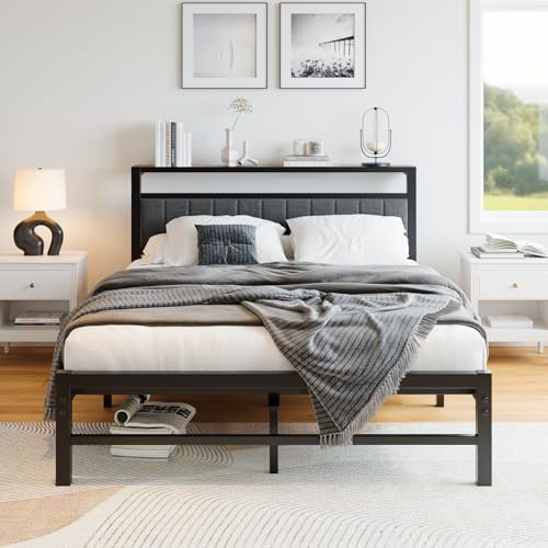 ARFARLY Double Bed Frame with Storage Headboard, 4ft6 Metal Upholstered Platform Bed Frame Double Bed/Under Bed Storage/No Box Spring Needed, Dark Gray