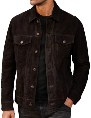 Isaac & David Chicago Vintage Trucker Suede Leather Jacket Men - Denim Biker Cafe Racer Causal Jacket Western Cowboy (US, Alpha, Medium, Regular, Regular, Chocolate)
