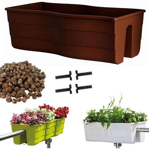 DIKEL Geländerkasten 58x29x20 cm | Balkonkasten für Balkongeländer mit Blähton für Drainage und Luftzirkulation | Pflanzkasten fördert gesundes Pflanzenwachstum und verhindert Wurzelfäule | Braun