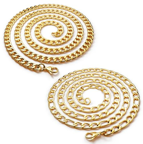 DVRK® 2er-Set Herren Ketten - Silberkette Herren oder Goldkette - Wasserfest & Schweißresistent - Halsketten Edelstahl 316L - Kreuz, Kette, Gold, Silber (Set 2 Goldketten (Figaro und Kubaner))