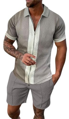 Genérico 2-teiliges Set für Herren, lässiges Hemd und Shorts, leicht und bequem, zweiteiliges Set im Hawaii-Strandstil, für Herren, Poloshirt mit Revers, mit lockerem Reißverschluss, Freizeitkleidung,