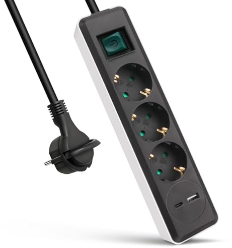 EXTRASTAR Regleta Enchufe con 3 Tomas y 2 Puertos de USB（USB A+USB C）, MAX.PD20W， Alargador Enchufe con Interruptor, 1.5 m, para El Hogar, La Oficina y Los Viajes，Blanco+Negro