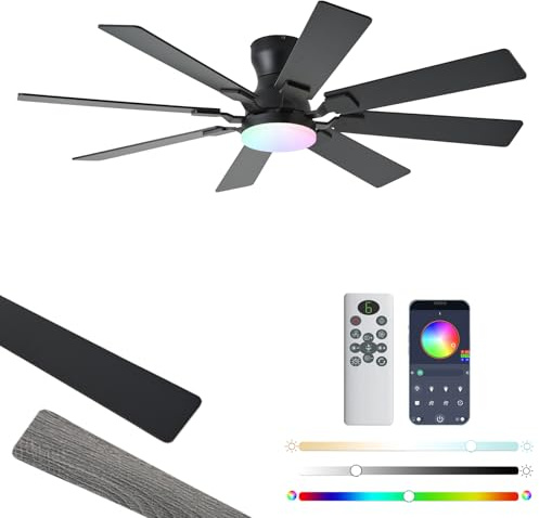 JSAITEE 52 inch Ceiling Fan with Light, 6 Speeds Reversible Low Profile Ceiling Fan with Light and Remote/APP Control, 3 Color Temp+Dimmable RGB, 8 Blades, Flush Mount Quiet Ceiling Fans, Black