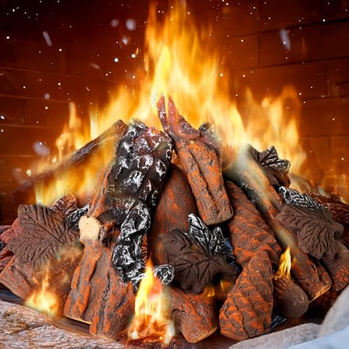 Yalikop 20-teiliges Keramikscheite-Set für Gaskamin, künstliche Holzscheite, Tannenzapfen, Ahornblatt-Eicheln für Propan, entlüftungslos, Gaseinsätze, Innen- und Außenbereich, Kamin, Feuerstelle