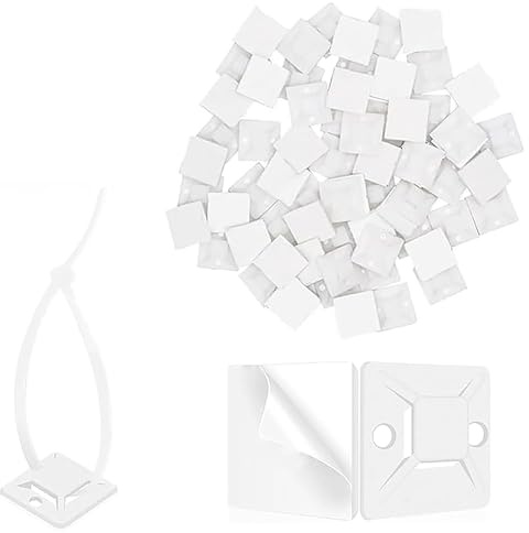 Ryaupy 100 Soportes para Bridas con Adhesivo - Bases Blancas 20x20mm para Organización para Autoadhesivos Sujetacables (Hogar/Oficina/Taller) - Soporte Cables Adhesivo Fuerte y Resistente