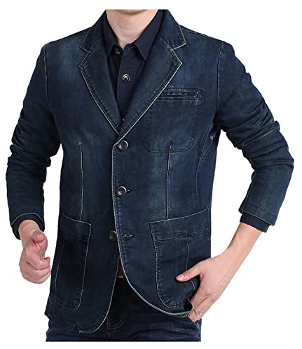 Blazers pour homme Blazer en jean coupe classique vintage vieilli Western Cowboy Vestes Slim Fit Simple Boutonnage Manteau, Blazer bleu foncé pour homme, M