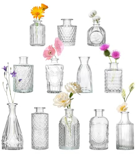 DOKKOME Juego de jarrones pequeños, 12 unidades, jarrón de cristal, mini jarrón de mesa, jarrones decorativos, decoración para el hogar, bodas, centros de mesa para fiestas
