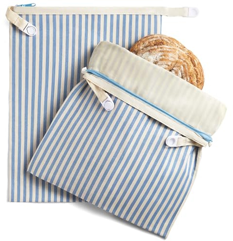 BRONYPRO Reusable Beeswax and Cotton Bread Bags with Zipper, 2-Pack Waxed Bread Bags for Homemade Bread & Sourdough, Sustainable Sourdough Loaf Storage to Lock in Freshness, Large 17x12.6in, Blue